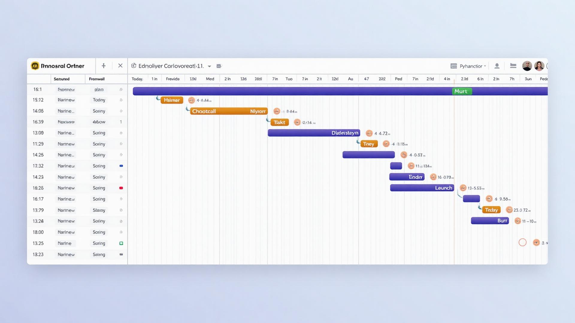Clean Gantt chart interface showing project timeline with milestones, task phases including Planning and Development, a Today marker line, and highlighted schedule overlaps for project management visualization